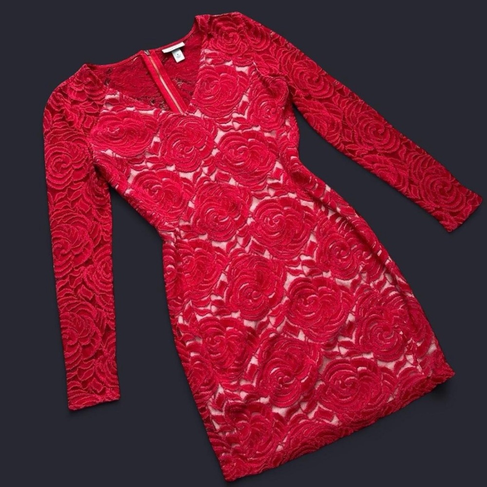 Elegant Vintage Red Lace Floral Dress